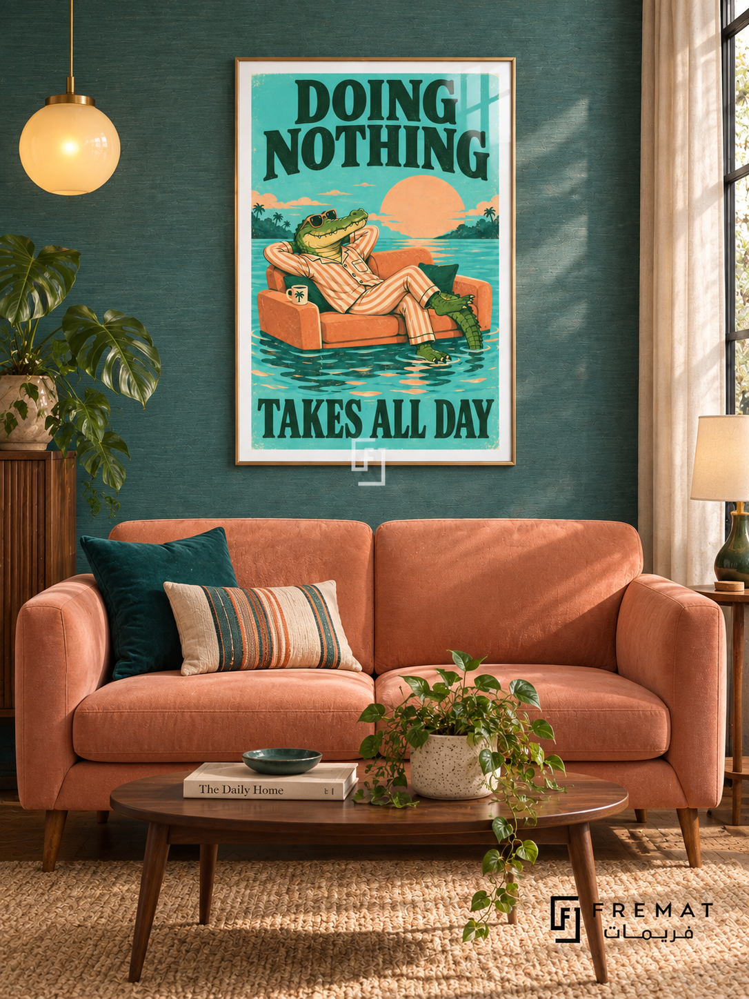 Doing Nothing (fun07) — Gold frame, white paper border and FREMAT branding in a styled interior. A sunglasses-wearing crocodile in striped pajamas lounges on a floating orange sofa. “DOING NOTHING TAKES ALL DAY” appears in dark green lettering over turquoise water and a peach sun.