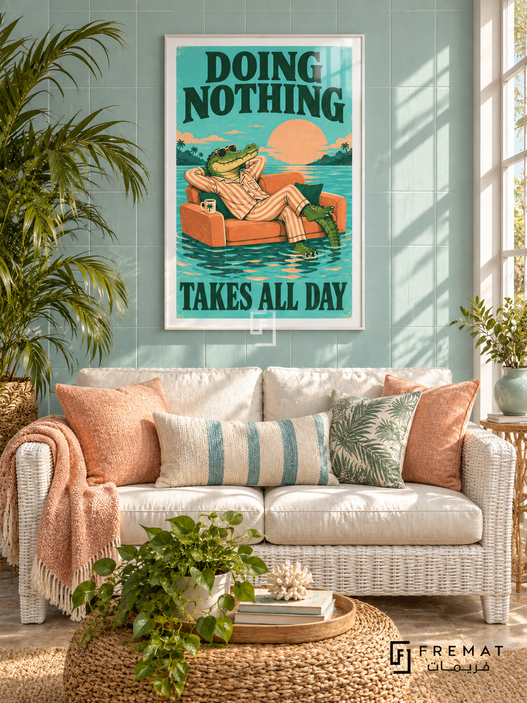 Doing Nothing (fun07) — White frame, white paper border and FREMAT branding in a styled interior. A sunglasses-wearing crocodile in striped pajamas lounges on a floating orange sofa. “DOING NOTHING TAKES ALL DAY” appears in dark green lettering over turquoise water and a peach sun.