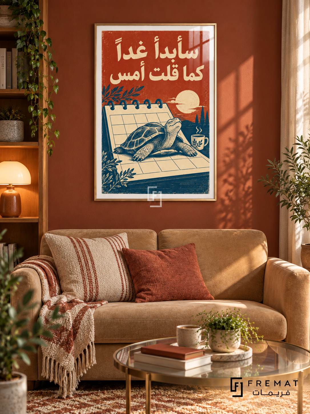 Tomorrow Again (fun08) — Gold frame, white paper border and FREMAT branding in a styled interior. A relaxed tortoise rests across an open calendar beneath the Arabic words “سأبدأ غدًا كما قلت أمس”. Rust red, cream and deep blue give the procrastination joke a vintage linocut appearance.
