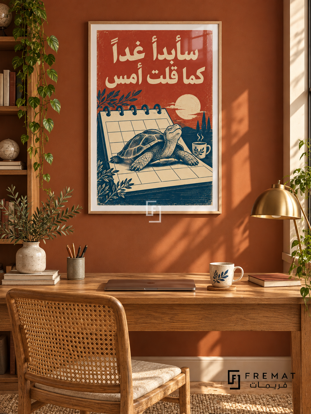 Tomorrow Again (fun08) — Wooden Texture frame, white paper border and FREMAT branding in a styled interior. A relaxed tortoise rests across an open calendar beneath the Arabic words “سأبدأ غدًا كما قلت أمس”. Rust red, cream and deep blue give the procrastination joke a vintage linocut appearance.