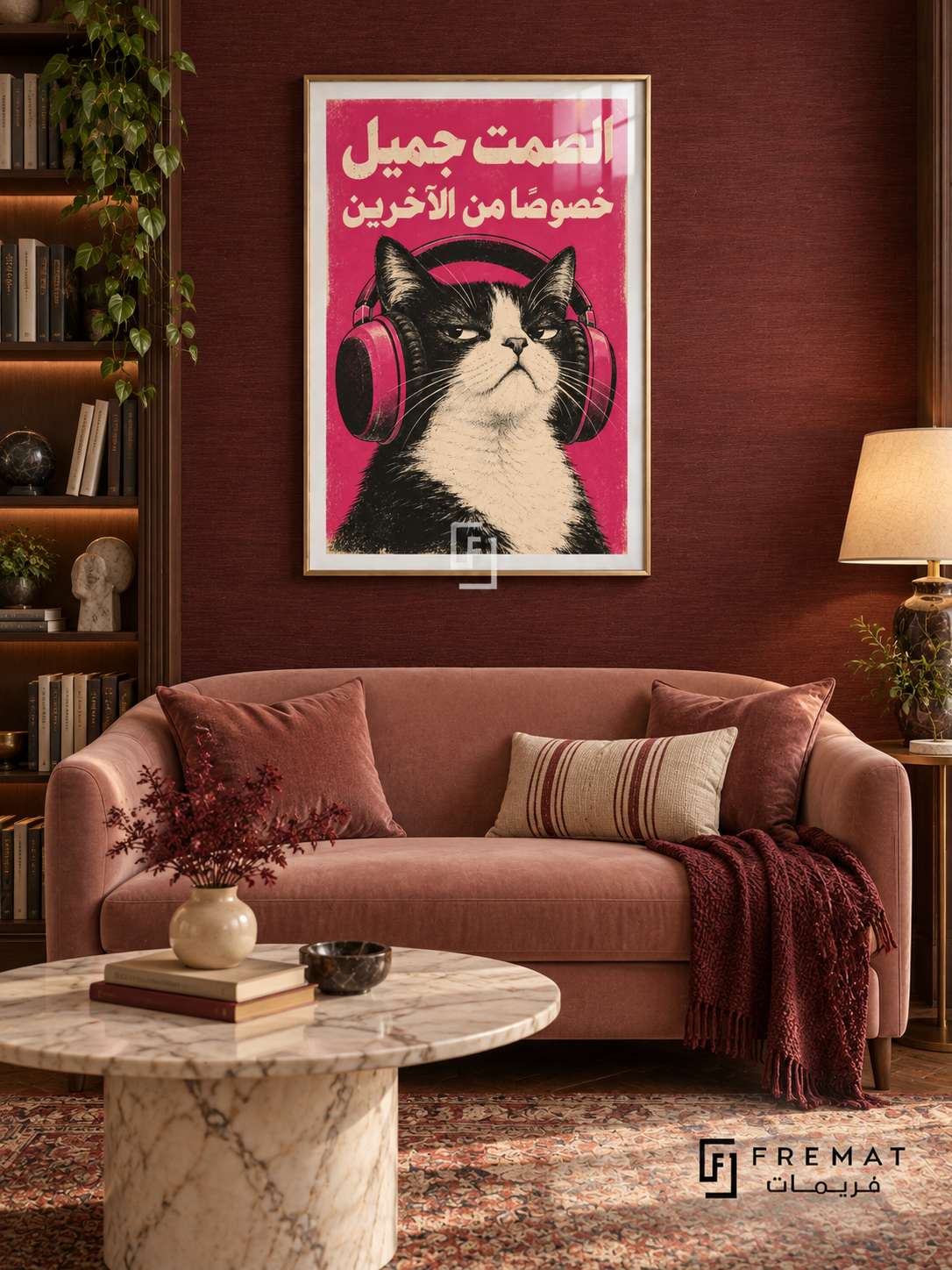 Silence Cat (fun09) — Gold frame, white paper border and FREMAT branding in a styled interior. An unimpressed black-and-white cat wears oversized pink headphones beneath “الصمت جميل خصوصًا من الآخرين”. A magenta background and cream Arabic lettering emphasize the dry joke about quiet.