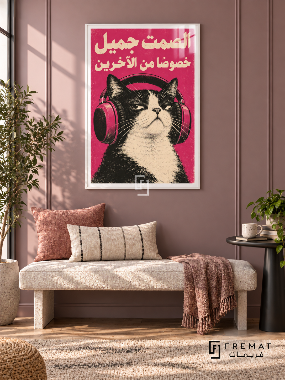 Silence Cat (fun09) — White frame, white paper border and FREMAT branding in a styled interior. An unimpressed black-and-white cat wears oversized pink headphones beneath “الصمت جميل خصوصًا من الآخرين”. A magenta background and cream Arabic lettering emphasize the dry joke about quiet.