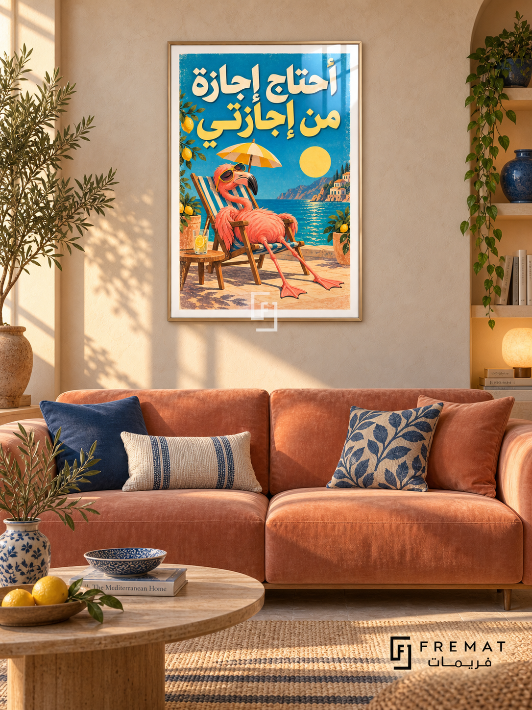 Holiday From My Holiday (fun10) — Gold frame, white paper border and FREMAT branding in a styled interior. A tired flamingo reclines in a striped deckchair beneath an umbrella. Arabic lettering reads “أحتاج إجازة من إجازتي”, with peach, yellow and bright blue in a textured vacation-poster illustration.
