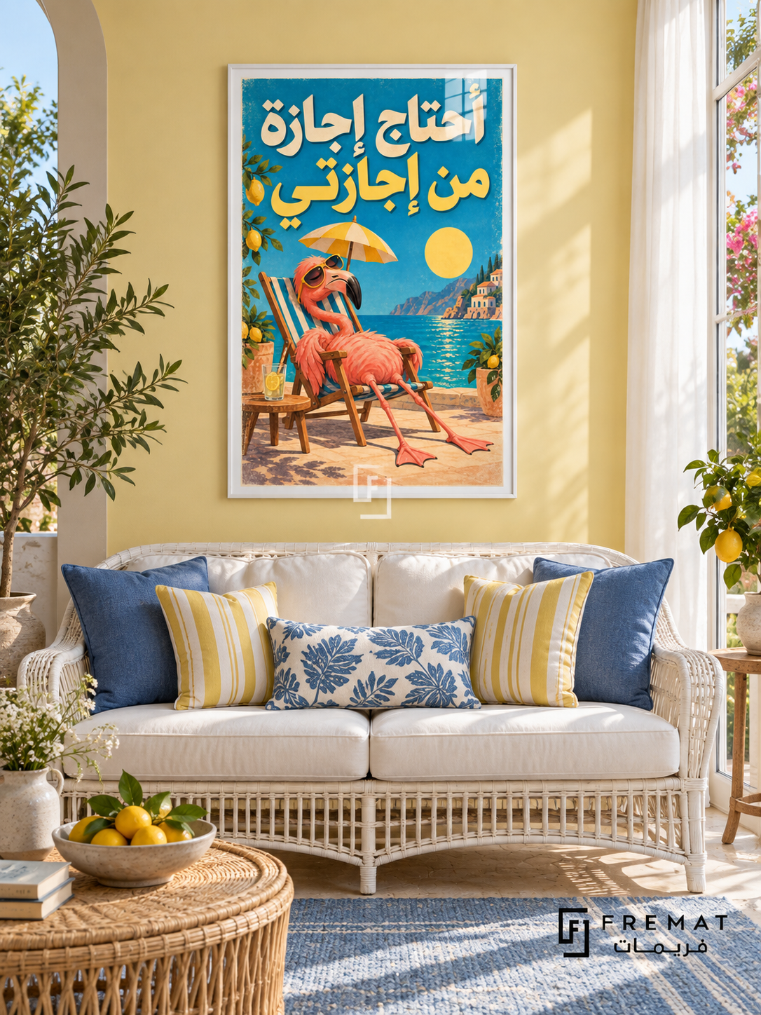 Holiday From My Holiday (fun10) — White frame, white paper border and FREMAT branding in a styled interior. A tired flamingo reclines in a striped deckchair beneath an umbrella. Arabic lettering reads “أحتاج إجازة من إجازتي”, with peach, yellow and bright blue in a textured vacation-poster illustration.