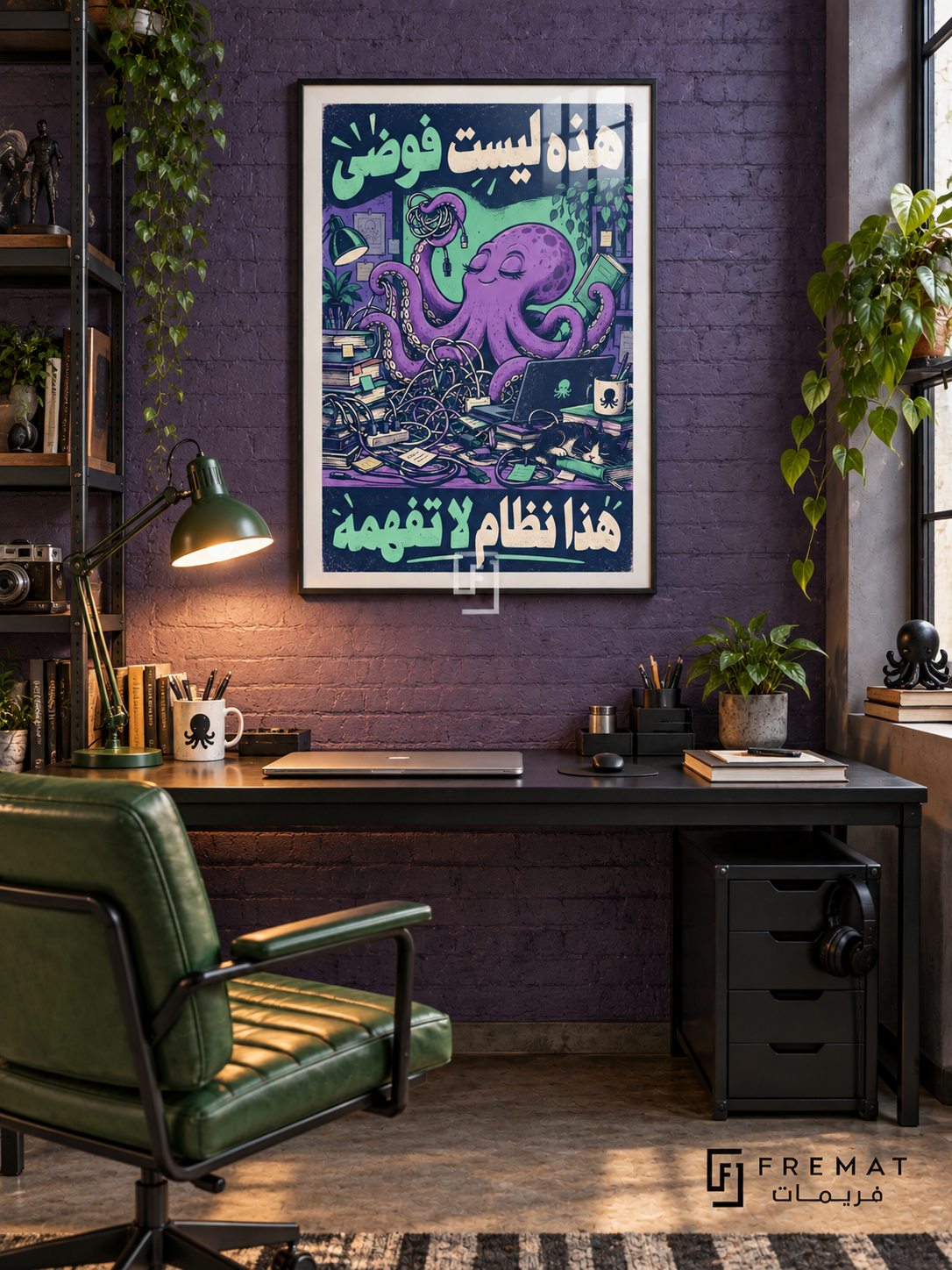 Organized Chaos (fun11) — Black frame, white paper border and FREMAT branding in a styled interior. A purple octopus sits contentedly at a desk tangled with cables, books and devices. The Arabic words “هذه ليست فوضى هذا نظام لا تفهمه” surround the mint, violet and navy cartoon scene.
