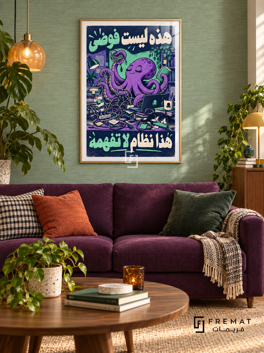 Organized Chaos (fun11) — Gold frame, white paper border and FREMAT branding in a styled interior. A purple octopus sits contentedly at a desk tangled with cables, books and devices. The Arabic words “هذه ليست فوضى هذا نظام لا تفهمه” surround the mint, violet and navy cartoon scene.