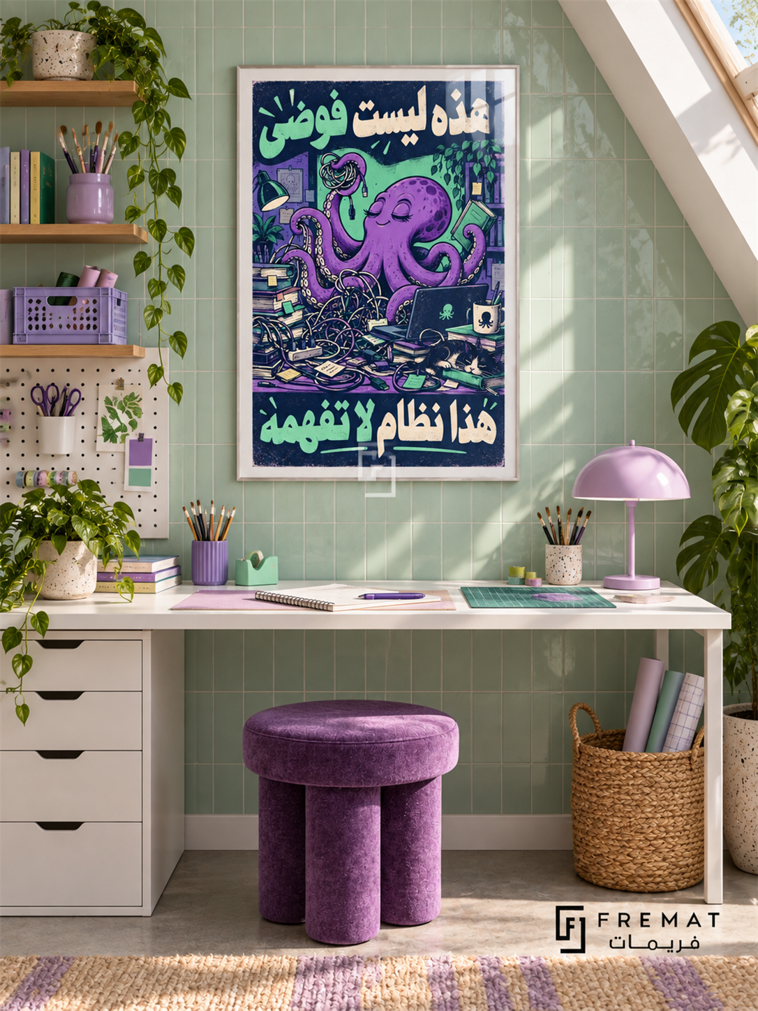Organized Chaos (fun11) — White frame, white paper border and FREMAT branding in a styled interior. A purple octopus sits contentedly at a desk tangled with cables, books and devices. The Arabic words “هذه ليست فوضى هذا نظام لا تفهمه” surround the mint, violet and navy cartoon scene.