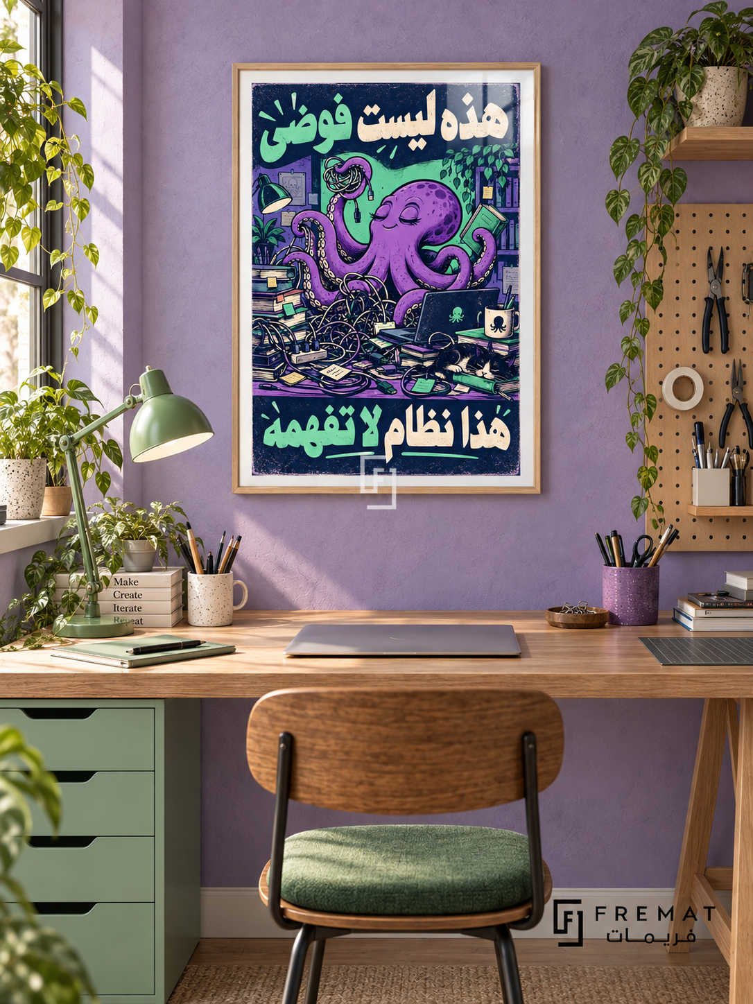 Organized Chaos (fun11) — Wooden Texture frame, white paper border and FREMAT branding in a styled interior. A purple octopus sits contentedly at a desk tangled with cables, books and devices. The Arabic words “هذه ليست فوضى هذا نظام لا تفهمه” surround the mint, violet and navy cartoon scene.