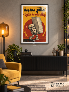 Limited Energy (fun12) — Black frame, white paper border and FREMAT branding in a styled interior. A weary little robot carries an enormous stack of papers. The Arabic headline “طاقتي محدودة وطلباتكم بلا حدود” appears in black and brick red over mustard yellow with a distressed industrial-poster texture.