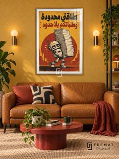 Limited Energy (fun12) — Gold frame, white paper border and FREMAT branding in a styled interior. A weary little robot carries an enormous stack of papers. The Arabic headline “طاقتي محدودة وطلباتكم بلا حدود” appears in black and brick red over mustard yellow with a distressed industrial-poster texture.