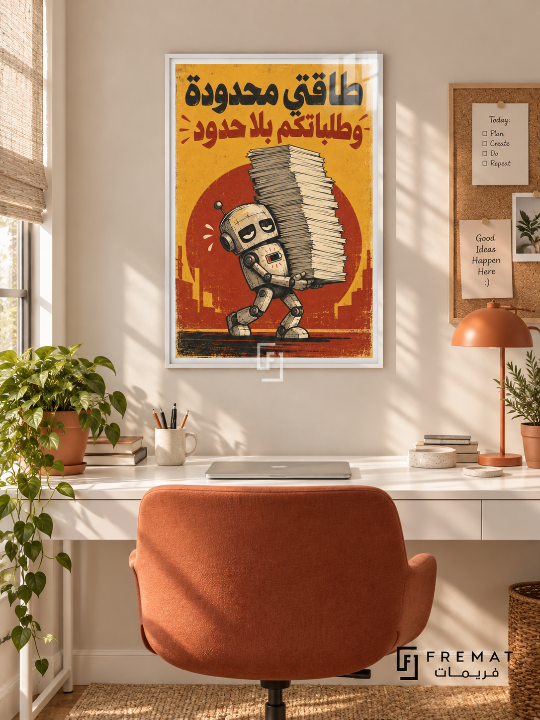 Limited Energy (fun12) — White frame, white paper border and FREMAT branding in a styled interior. A weary little robot carries an enormous stack of papers. The Arabic headline “طاقتي محدودة وطلباتكم بلا حدود” appears in black and brick red over mustard yellow with a distressed industrial-poster texture.