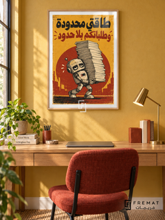 Limited Energy (fun12) — Wooden Texture frame, white paper border and FREMAT branding in a styled interior. A weary little robot carries an enormous stack of papers. The Arabic headline “طاقتي محدودة وطلباتكم بلا حدود” appears in black and brick red over mustard yellow with a distressed industrial-poster texture.
