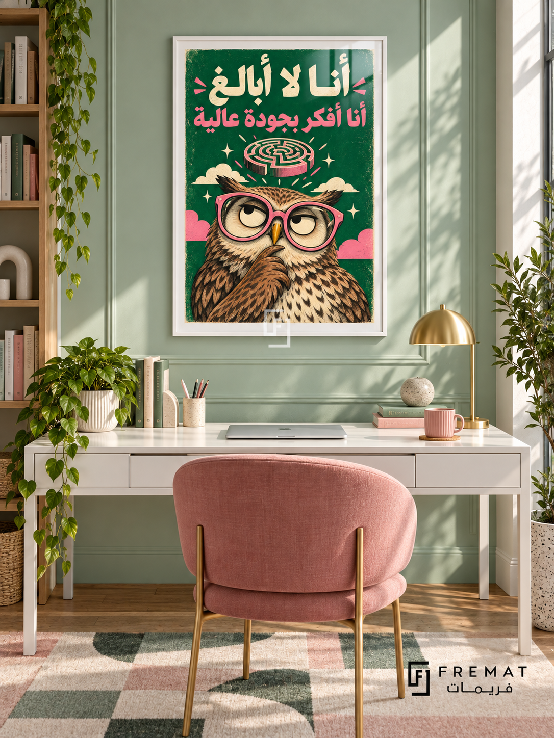 Quality Thinking Owl (fun13) — White frame, white paper border and FREMAT branding in a styled interior. A thoughtful owl wears oversized pink glasses beneath a floating maze. Cream and pink Arabic lettering reads “أنا لا أبالغ أنا أفكر بجودة عالية” against emerald green in a textured editorial illustration.