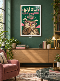 Quality Thinking Owl (fun13) — Wooden Texture frame, white paper border and FREMAT branding in a styled interior. A thoughtful owl wears oversized pink glasses beneath a floating maze. Cream and pink Arabic lettering reads “أنا لا أبالغ أنا أفكر بجودة عالية” against emerald green in a textured editorial illustration.