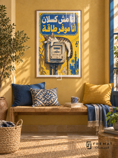 Energy Saving Cat (fun14) — Wooden Texture frame, white paper border and FREMAT branding in a styled interior. A sleeping striped cat sprawls across an old electricity meter. Egyptian Arabic lettering reads “أنا مش كسلان أنا موفر طاقة” in a cobalt and yellow composition inspired by weathered street signs.