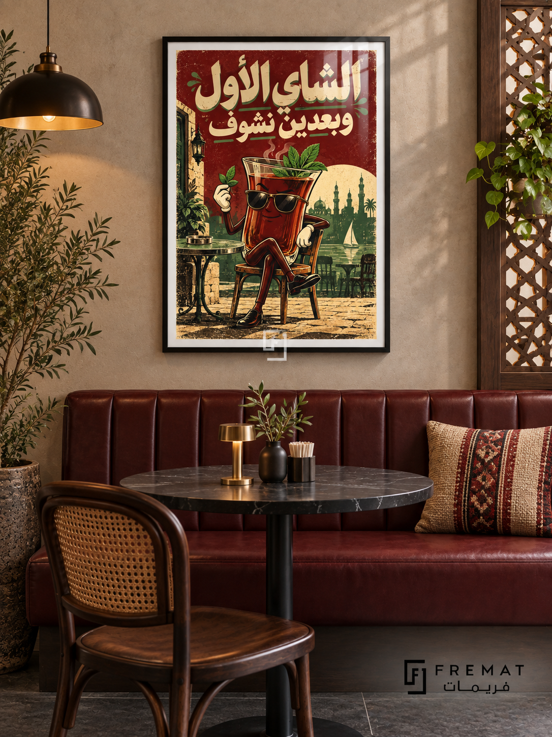 Tea First (fun15) — Black frame, white paper border and FREMAT branding in a styled interior. A smiling glass of dark mint tea wears sunglasses and sits on a cafe chair. “الشاي الأول وبعدين نشوف” fills the burgundy sky above a cream and green Egyptian cafe illustration.