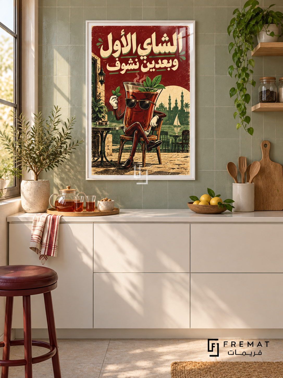Tea First (fun15) — White frame, white paper border and FREMAT branding in a styled interior. A smiling glass of dark mint tea wears sunglasses and sits on a cafe chair. “الشاي الأول وبعدين نشوف” fills the burgundy sky above a cream and green Egyptian cafe illustration.