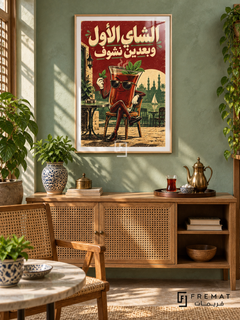 Tea First (fun15) — Wooden Texture frame, white paper border and FREMAT branding in a styled interior. A smiling glass of dark mint tea wears sunglasses and sits on a cafe chair. “الشاي الأول وبعدين نشوف” fills the burgundy sky above a cream and green Egyptian cafe illustration.