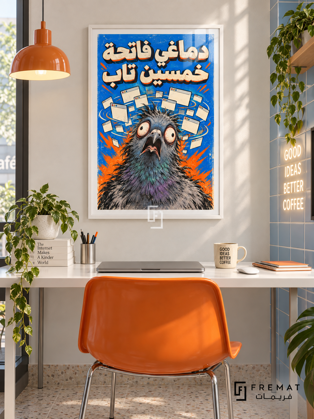 Fifty Tabs (fun17) — White frame, white paper border and FREMAT branding in a styled interior. A frazzled pigeon stares out beneath a swarm of browser windows. Bold Egyptian Arabic reads “دماغي فاتحة خمسين تاب” in cream with orange shadows against electric blue.