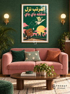 Salary Goodbye (fun18) — Gold frame, white paper border and FREMAT branding in a styled interior. A sad wallet waves as a cheerful banknote flies away on a paper airplane. “المرتب نزل عملتله باي باي” appears in yellow and pink over forest green in a playful retro illustration.
