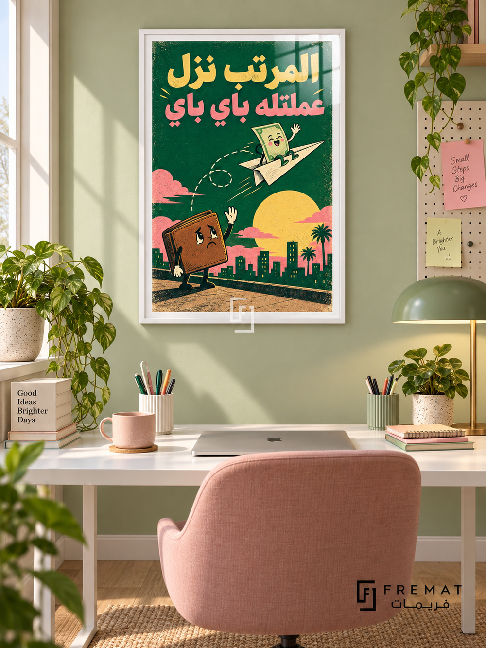 Salary Goodbye (fun18) — White frame, white paper border and FREMAT branding in a styled interior. A sad wallet waves as a cheerful banknote flies away on a paper airplane. “المرتب نزل عملتله باي باي” appears in yellow and pink over forest green in a playful retro illustration.
