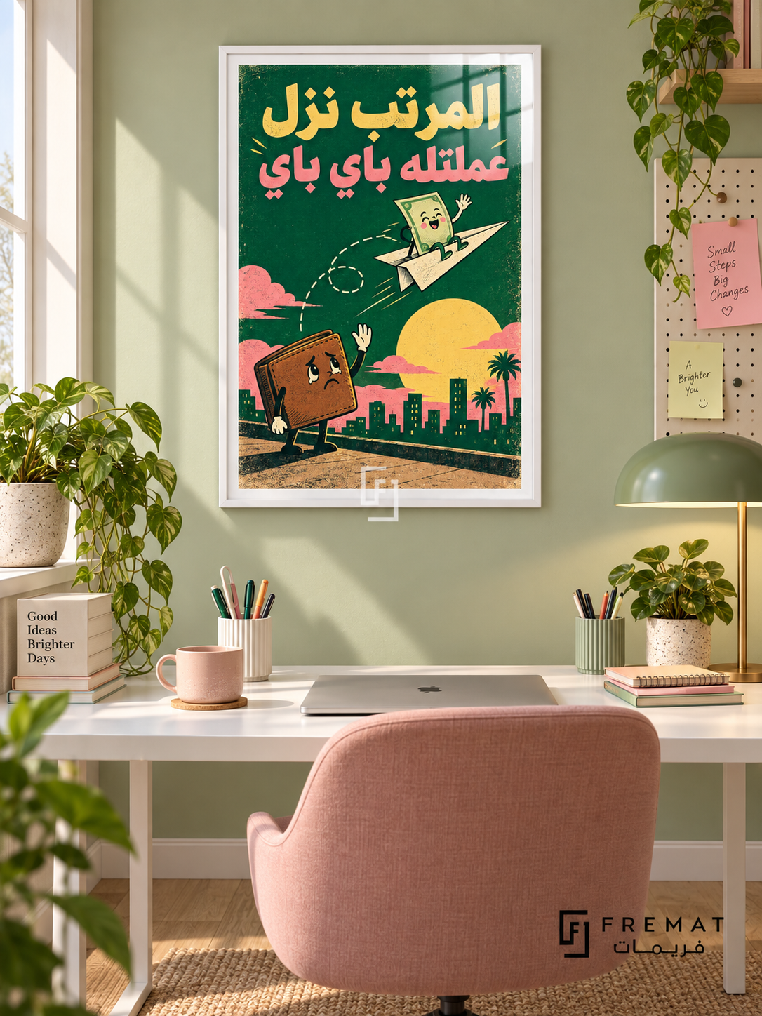 Salary Goodbye (fun18) — White frame, white paper border and FREMAT branding in a styled interior. A sad wallet waves as a cheerful banknote flies away on a paper airplane. “المرتب نزل عملتله باي باي” appears in yellow and pink over forest green in a playful retro illustration.