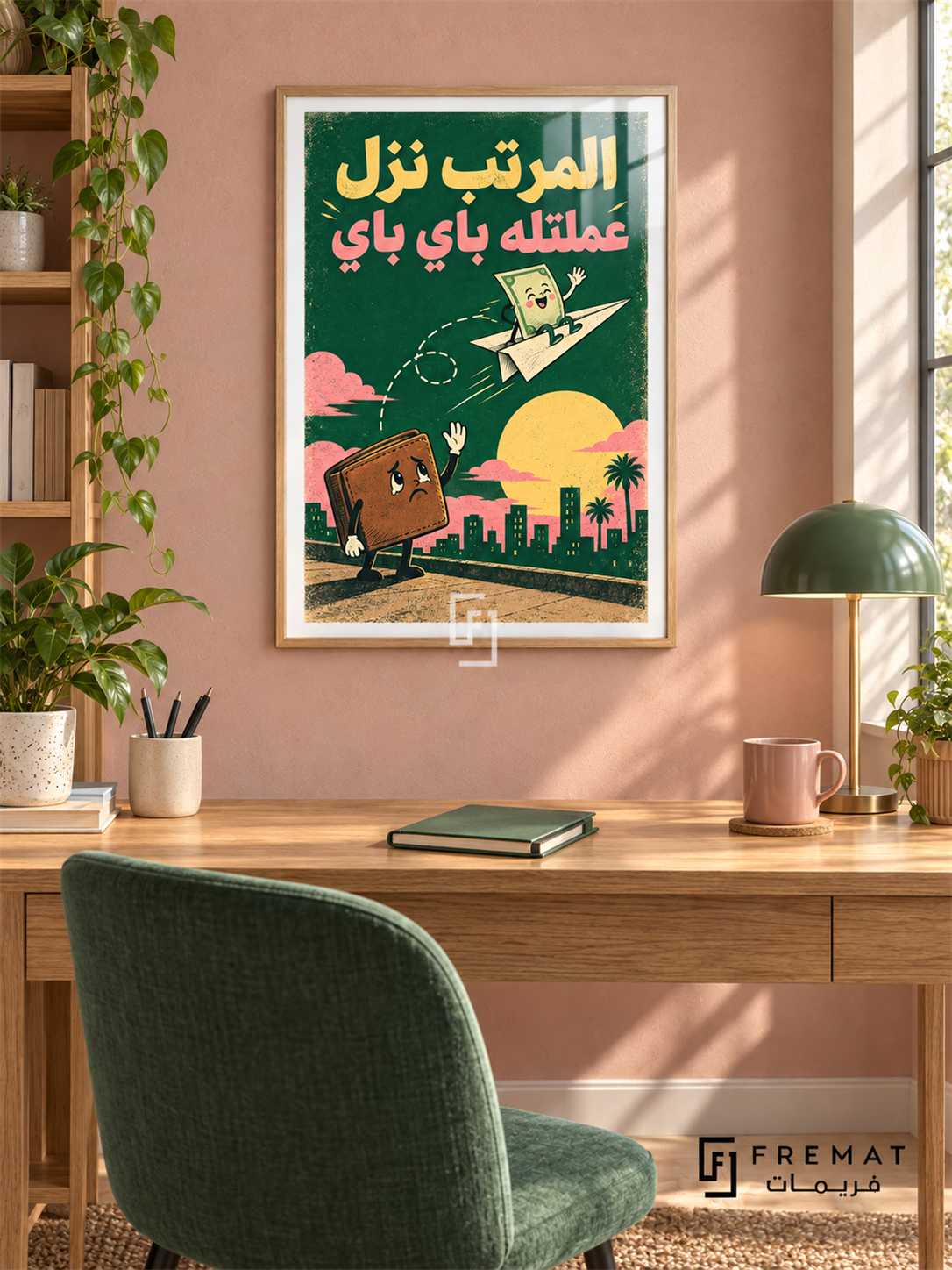Salary Goodbye (fun18) — Wooden Texture frame, white paper border and FREMAT branding in a styled interior. A sad wallet waves as a cheerful banknote flies away on a paper airplane. “المرتب نزل عملتله باي باي” appears in yellow and pink over forest green in a playful retro illustration.