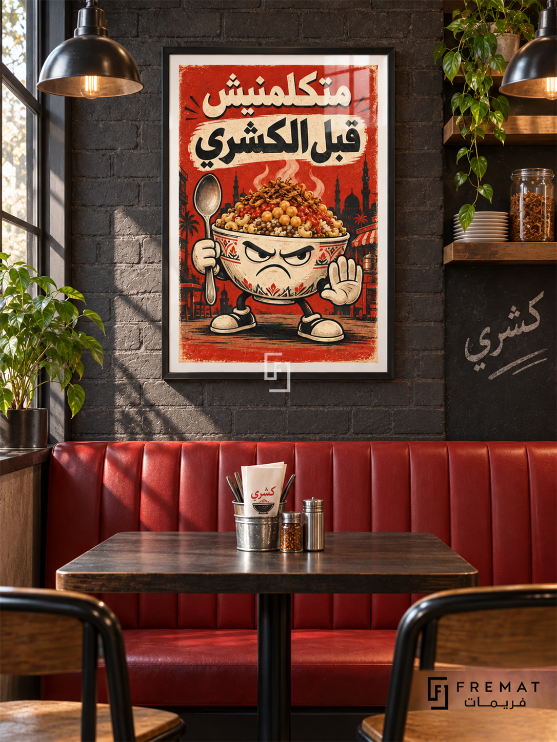 Koshary First (fun19) — Black frame, white paper border and FREMAT branding in a styled interior. A grumpy koshary bowl holds a spoon and raises a hand, with pasta, chickpeas and onions piled high. Egyptian Arabic reads “متكلمنيش قبل الكشري” in cream and charcoal over tomato red.