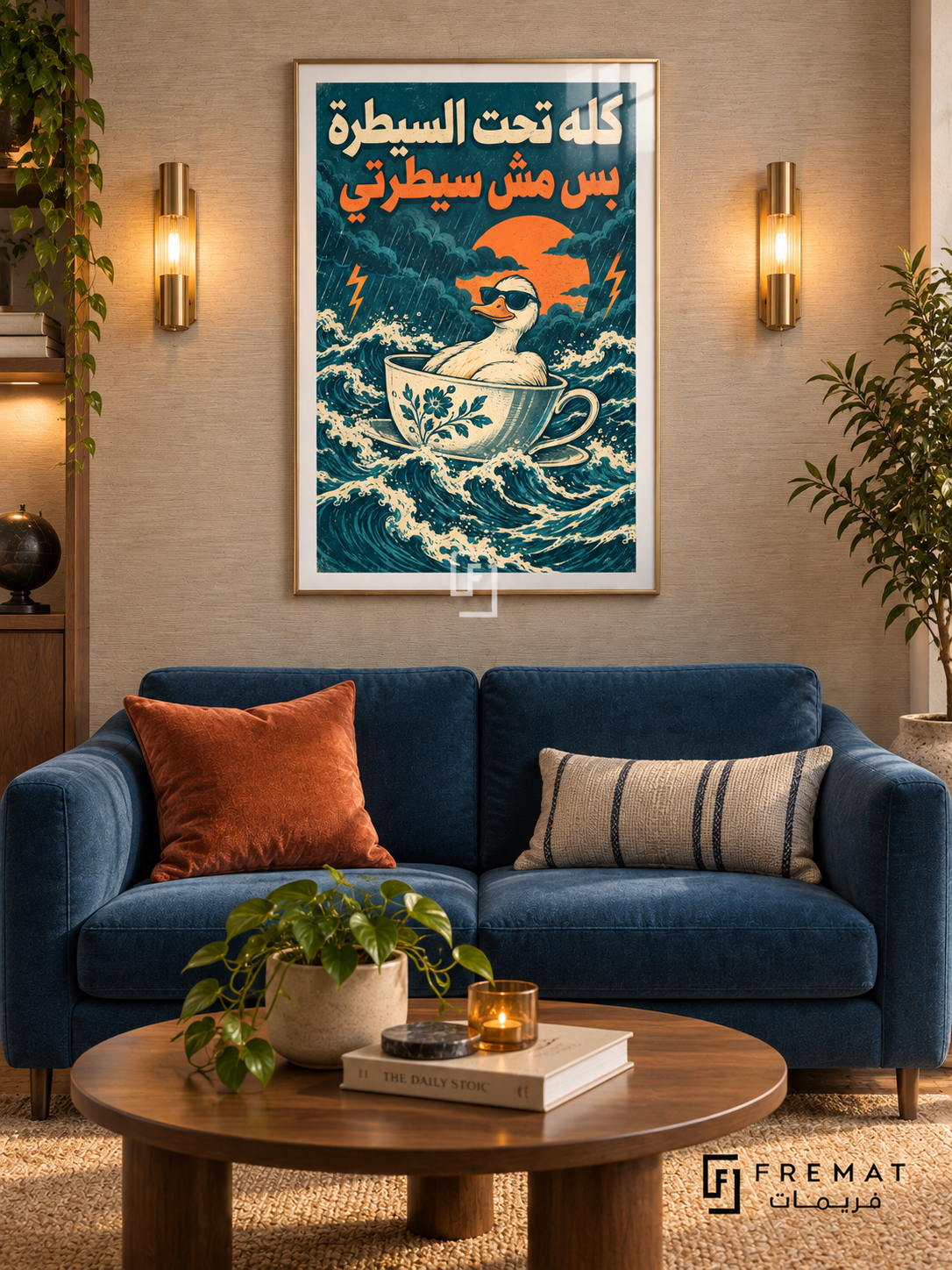 Under Control (fun20) — Gold frame, white paper border and FREMAT branding in a styled interior. A calm duck wearing sunglasses rides a patterned teacup through stormy waves. “كله تحت السيطرة بس مش سيطرتي” appears in cream and orange over teal in a surreal linocut-style illustration.