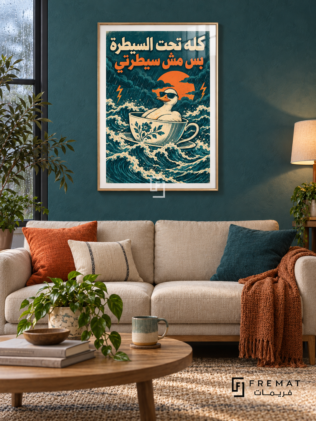 Under Control (fun20) — Wooden Texture frame, white paper border and FREMAT branding in a styled interior. A calm duck wearing sunglasses rides a patterned teacup through stormy waves. “كله تحت السيطرة بس مش سيطرتي” appears in cream and orange over teal in a surreal linocut-style illustration.