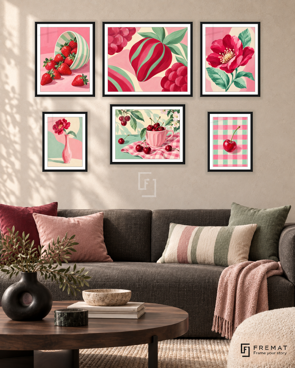 Berry Sorbet Balance gallery wall: 6 framed artworks in Black, arranged across 150 × 100 cm.