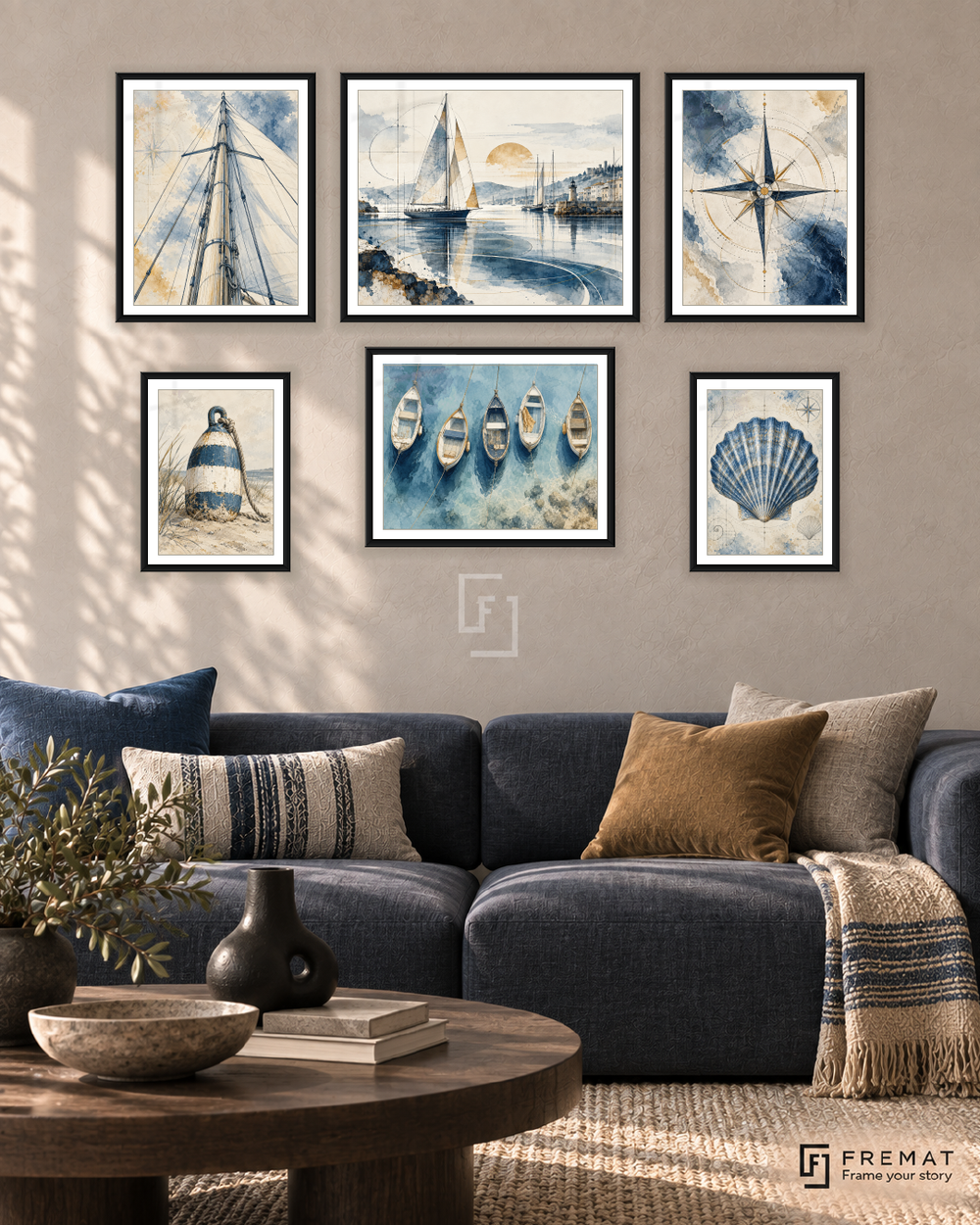 Coastal Blueprints Balance gallery wall: 6 framed artworks in Black, arranged across 150 × 100 cm.