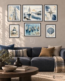 Coastal Blueprints Balance gallery wall: 6 framed artworks in Black, arranged across 150 × 100 cm.