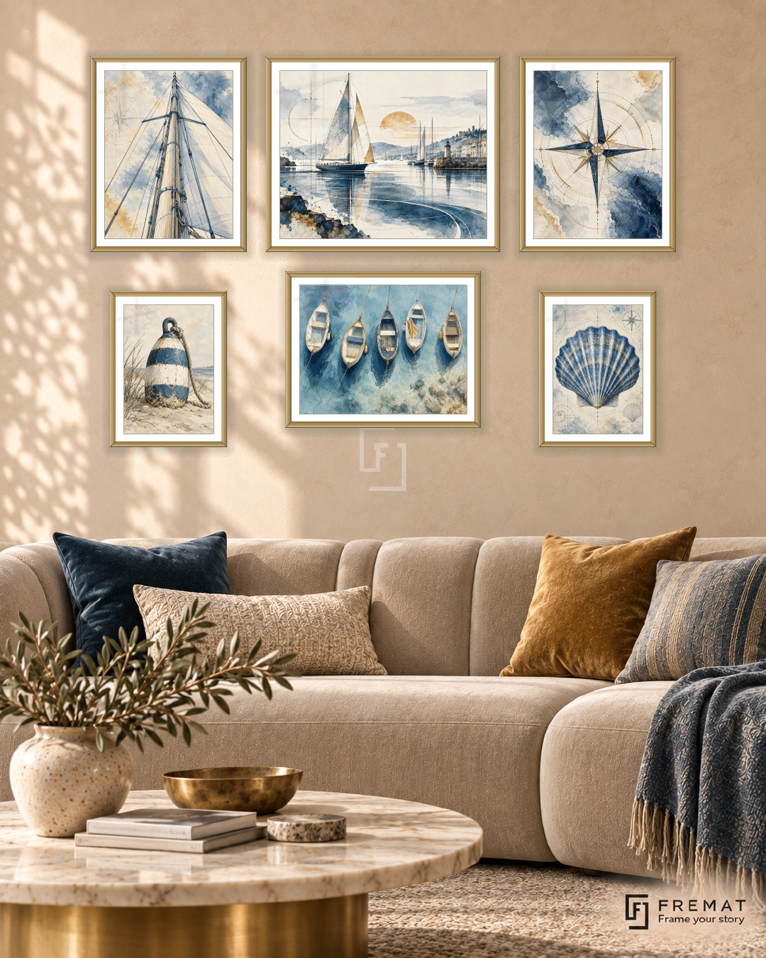 Coastal Blueprints Balance gallery wall: 6 framed artworks in Gold, arranged across 150 × 100 cm.