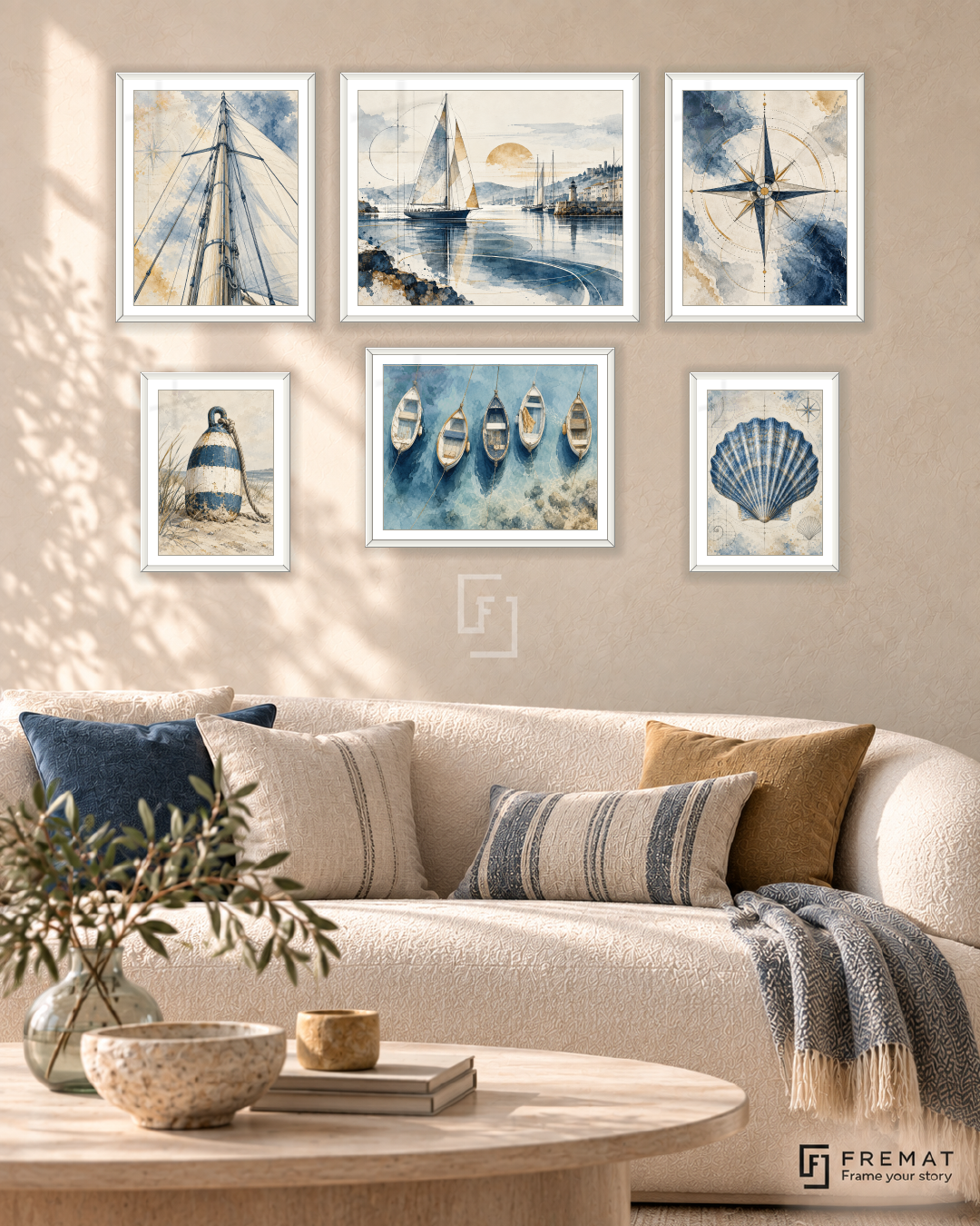 Coastal Blueprints Balance gallery wall: 6 framed artworks in White, arranged across 150 × 100 cm.