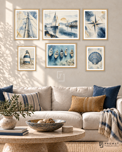 Coastal Blueprints Balance gallery wall: 6 framed artworks in Wooden Texture, arranged across 150 × 100 cm.