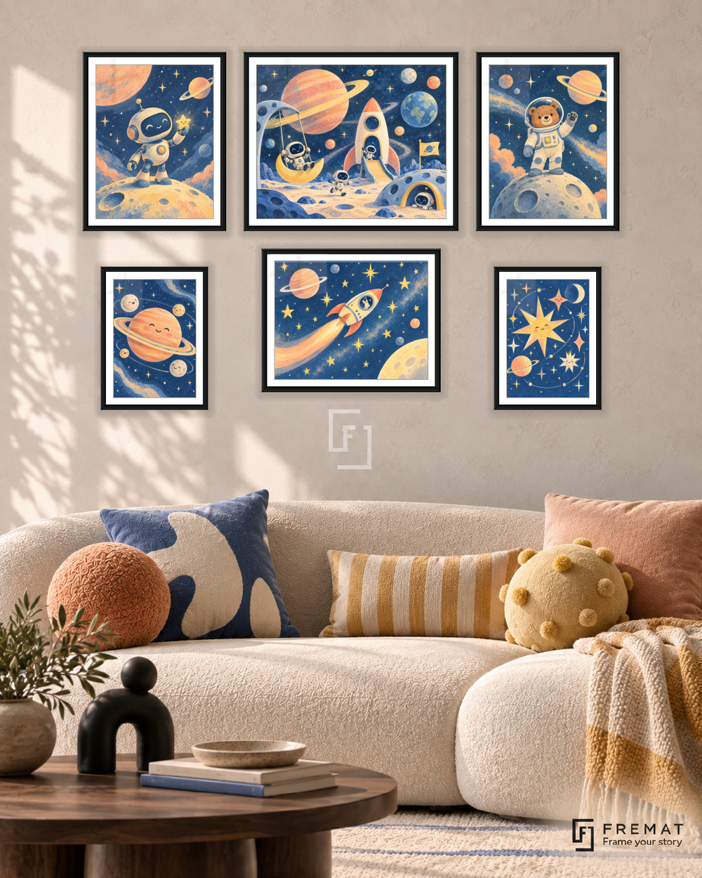 Cosmic Playground Balance gallery wall: 6 framed artworks in Black, arranged across 150 × 100 cm.
