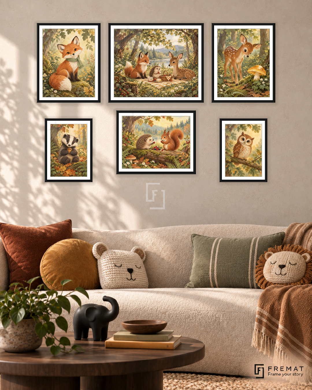 Forest Friends Balance gallery wall: 6 framed artworks in Black, arranged across 150 × 100 cm.