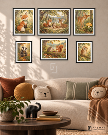 Forest Friends Balance gallery wall: 6 framed artworks in Black, arranged across 150 × 100 cm.