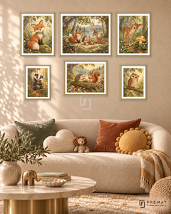 Forest Friends Balance gallery wall: 6 framed artworks in Gold, arranged across 150 × 100 cm.