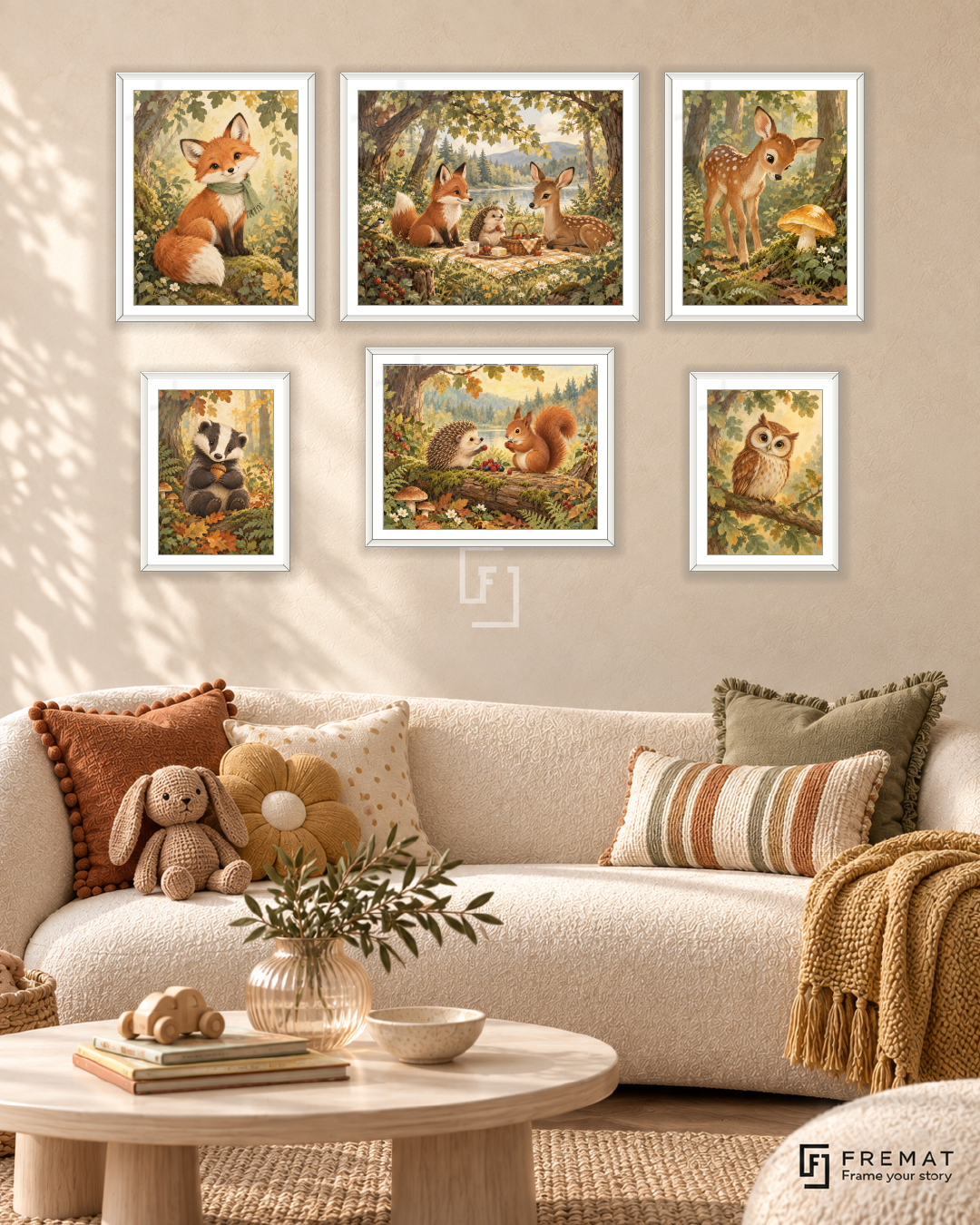 Forest Friends Balance gallery wall: 6 framed artworks in White, arranged across 150 × 100 cm.