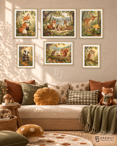 Forest Friends Balance gallery wall: 6 framed artworks in Wooden Texture, arranged across 150 × 100 cm.