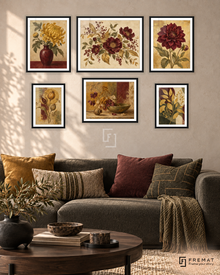 Golden Herbarium Balance gallery wall: 6 framed artworks in Black, arranged across 150 × 100 cm.