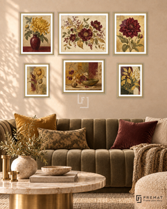 Golden Herbarium Balance gallery wall: 6 framed artworks in Gold, arranged across 150 × 100 cm.