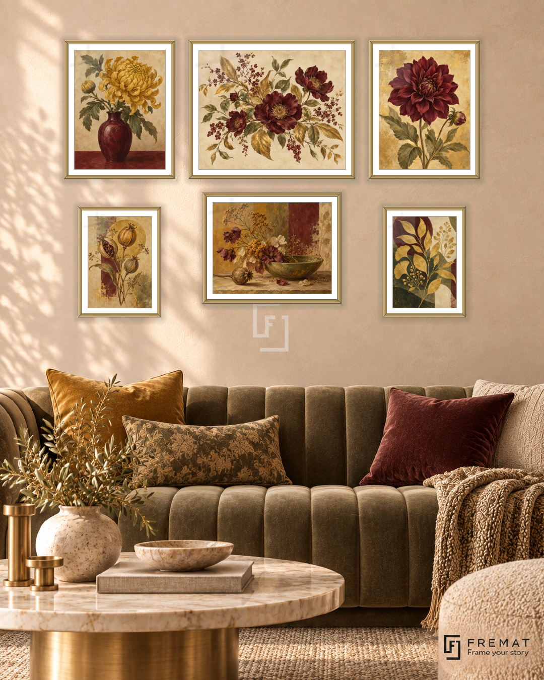 Golden Herbarium Balance gallery wall: 6 framed artworks in Gold, arranged across 150 × 100 cm.