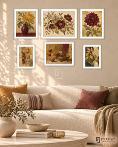 Golden Herbarium Balance gallery wall: 6 framed artworks in White, arranged across 150 × 100 cm.
