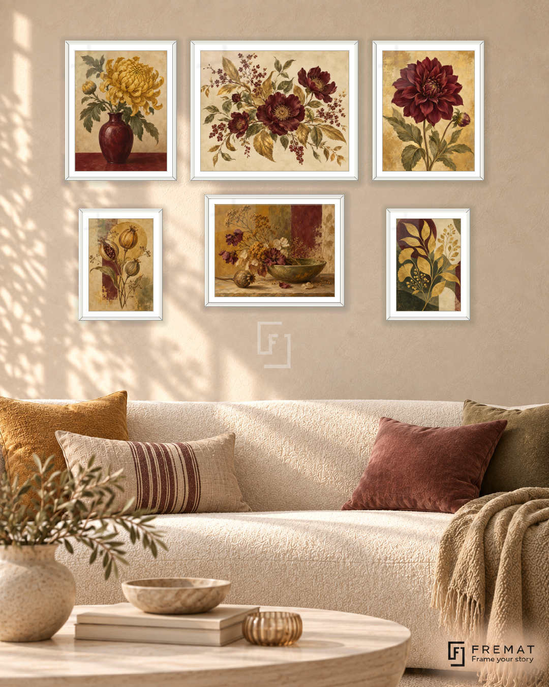 Golden Herbarium Balance gallery wall: 6 framed artworks in White, arranged across 150 × 100 cm.