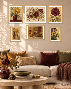 Golden Herbarium Balance gallery wall: 6 framed artworks in Wooden Texture, arranged across 150 × 100 cm.