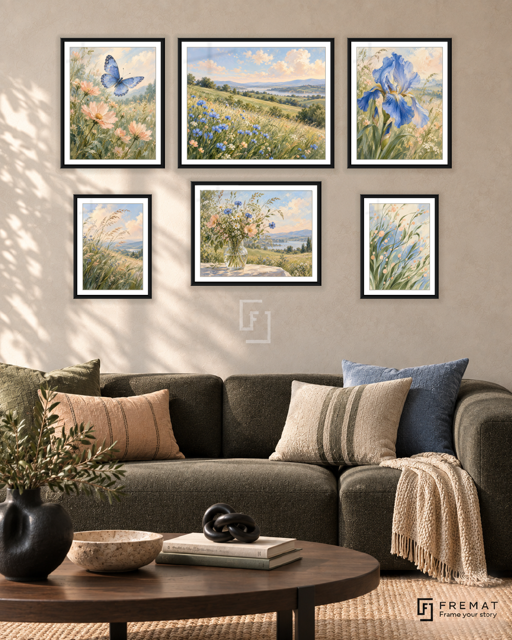 Meadow In Motion Balance gallery wall: 6 framed artworks in Black, arranged across 150 × 100 cm.