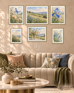 Meadow In Motion Balance gallery wall: 6 framed artworks in Gold, arranged across 150 × 100 cm.